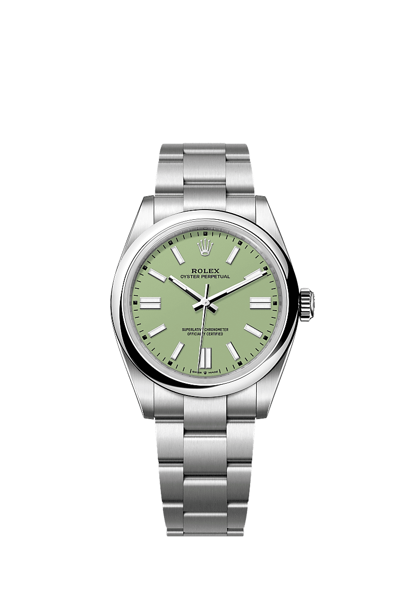 Unworn 2025, Rolex Oyster Perpetual, Oystersteel 41mm, Pistachio-green dial, Domed Oyster, Ref# 134300-0006, box and papers 1:1